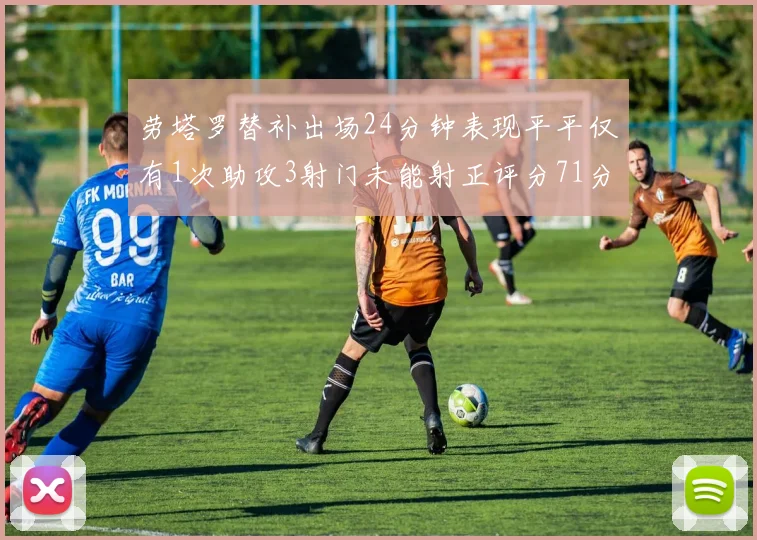 劳塔罗替补出场24分钟表现平平仅有1次助攻3射门未能射正评分71分